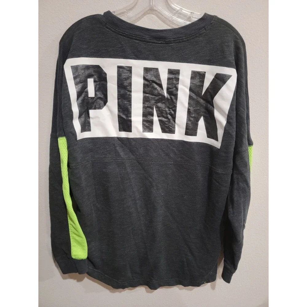 Victoria's‎ Secret PINK Sweatshirt Sz L Gray Neon Yellow Mesh Big Back Logo